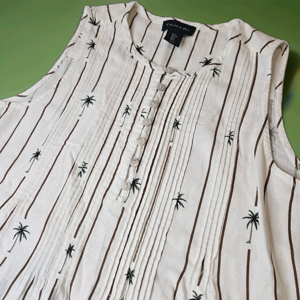 Tahari Linen Blend Shift Dress Size Small Palm Trees Pintuck Bodice Pockets